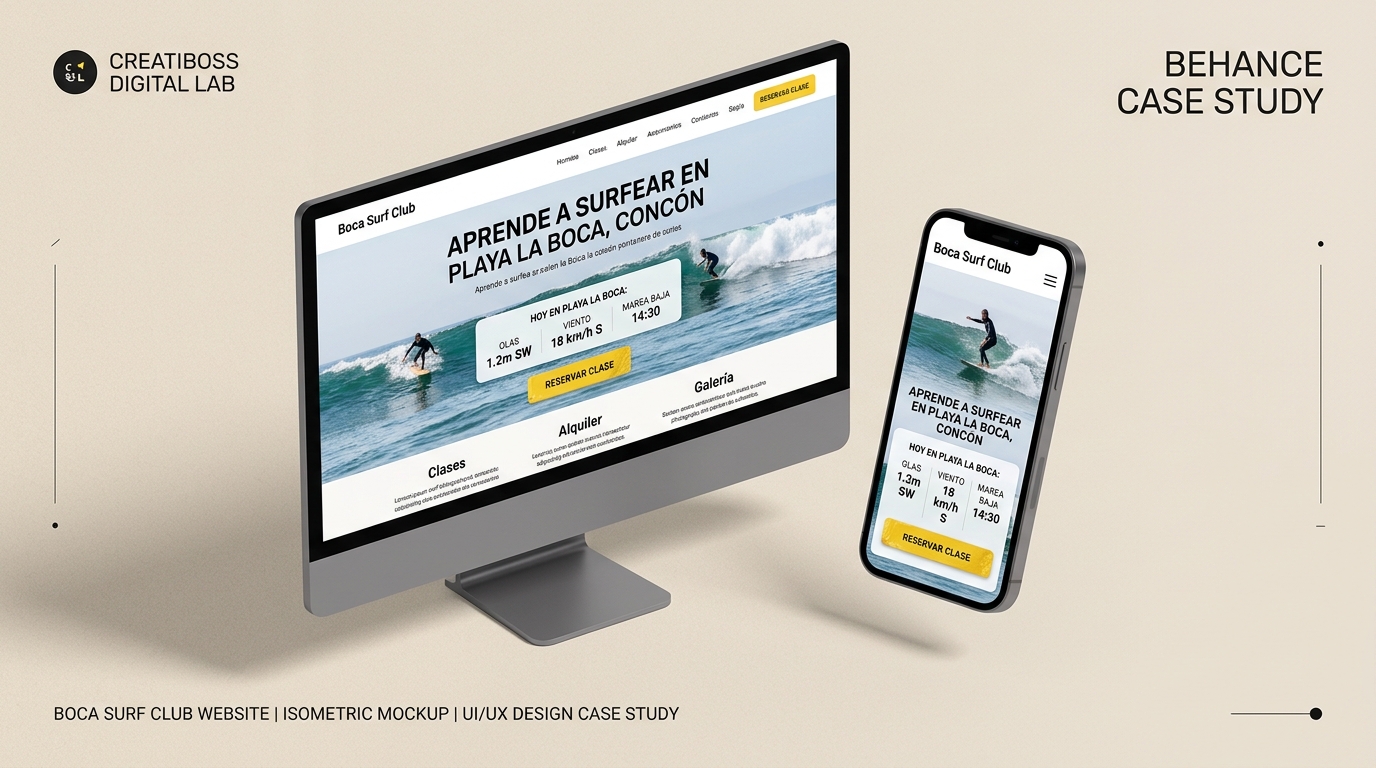 Mockup 3D de la web Boca Surf Club en Computador y Móvil